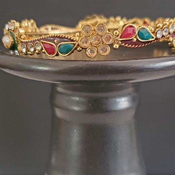Festive Bangle with Red and Green Stones Clear Rhinestones Faux Pearl Gold‎ Tone - Picture 2 of 12